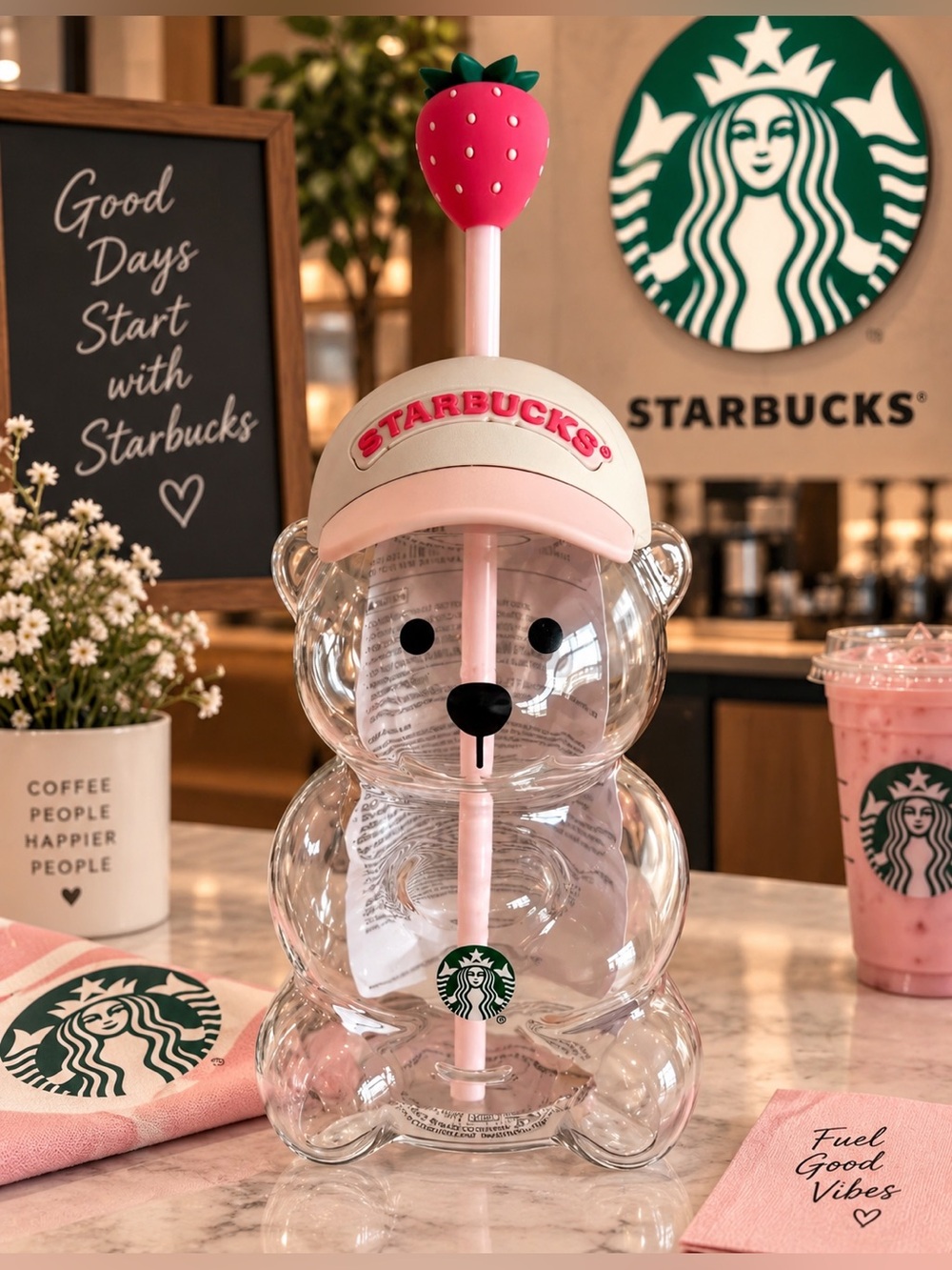 Starbucks Clear Bear Tumbler with Pink Straw and Strawberry Top